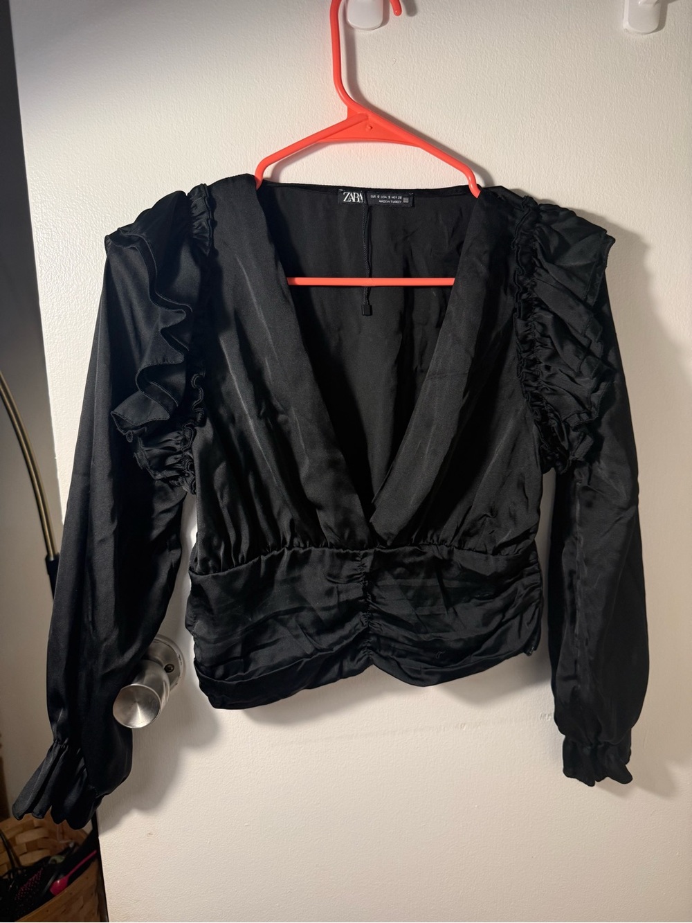 Zara Black Satin V-Neck Ruffle Waist Blouse